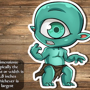 May include: A cartoon illustration of a green, one-eyed monster with a brown loincloth. The monster is standing with its arms outstretched and has a surprised expression on its face. The image is on a woodgrain background.