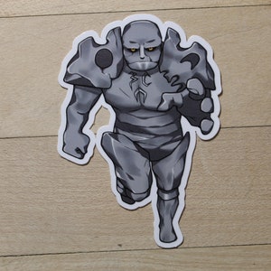 May include: A gray stone golem with a menacing expression, wearing armor made of rock, running forward with its right arm outstretched.