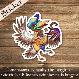 Puede incluir: Una pegatina colorida de un pájaro tocando un laúd. El pájaro lleva un sombrero azul, amarillo y verde y un traje amarillo, rojo y azul. El pájaro tiene plumas marrones y un pico largo. El laúd es morado y dorado.