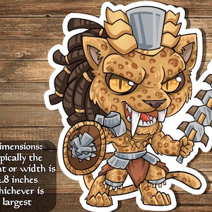 May include: A cartoon illustration of a jaguar warrior wearing a crown and holding a spear and shield. The jaguar is brown and yellow with black spots. The warrior is wearing a loincloth and a silver belt. The spear has a silver blade and a brown handle. The shield is silver with a brown center. The warrior is standing on a wooden background.