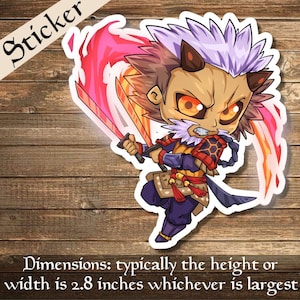 Puede incluir: Una pegatina con un personaje de dibujos animados con cabello morado, ojos rojos y un diseño de llamas rojas y naranjas. El personaje sostiene dos espadas y lleva un atuendo rojo y dorado.