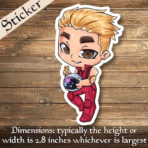 May include: A sticker featuring a cartoon character with blonde hair and brown eyes, dressed in a red jumpsuit. The character holds a small, gray helmet with a space-themed design. The sticker has the word "Sticker" and text that reads "Dimensions: typically the height or width is 2.8 inches whichever is largest."