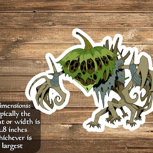 May include: A green and brown monster sticker with a pumpkin head and long, spindly arms and legs. The sticker is approximately 2.8 inches in size.