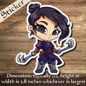 Peut inclure: Autocollant représentant un personnage de dessin animé aux cheveux foncés en chignon, vêtu d'une tenue violette et tenant deux pieds-de-biche bleus. L'autocollant porte le mot "Sticker" et mesure environ 7,1 cm de haut ou de large.