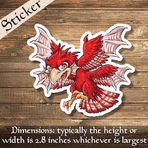 May include: A sticker depicting a cartoon griffin with red feathers, a tan beak, and large wings. The griffin is in a dynamic pose. The sticker has the word "Sticker" at the top and the dimensions are typically 7.1 cm.