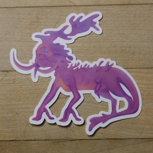 May include: A purple and pink creature with antlers, a long snout, and spiky skin. The creature is walking on four legs and has a long tail.