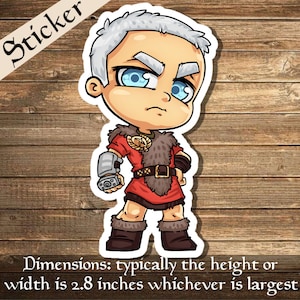 May include: A sticker of a cartoon character with white hair, wearing a red and brown tunic with a fur collar and a silver arm guard. The character has a serious expression and is holding a silver weapon. The sticker is 2.8 inches wide.