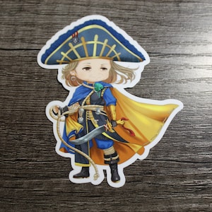 Puede incluir: Una ilustración de dibujos animados de una persona con un disfraz de pirata azul y dorado con un sombrero azul y sosteniendo una cuerda y una espada.