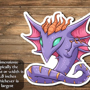 May include: Purple and orange cartoon creature with a long tail and large fins. The creature has green eyes and a pointed snout. The image is a sticker with a white border.