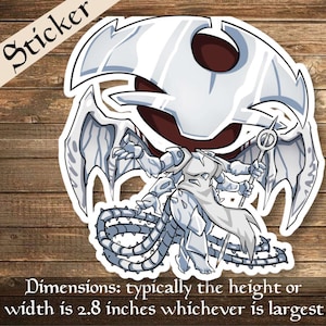 May include: White and gray sticker of a cartoon monster with wings, a tail, and a staff. The monster has a large, white head with a red eye. The sticker is approximately 2.8 inches wide.