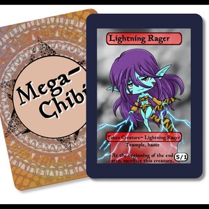 May include: A fantasy trading card featuring a cartoon illustration of a purple-haired, blue-skinned creature with a tiger-like tail. The card is titled "Lightning Rager" and has the text "Token Creature - Lightning Rager, Trample, Haste. At the beginning of the end step, sacrifice this creature." The card has a power of 5 and a toughness of 1.