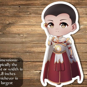 May include: A cartoon sticker of a person wearing a red and gold costume holding a staff. The person has short black hair and brown eyes. The sticker is approximately 2.8 inches in size.