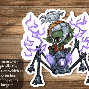 May include: A cartoon sticker of a green goblin riding a mechanical spider with purple lightning bolts. The goblin has grey hair and is wearing a red and orange outfit. The sticker is approximately 2.8 inches in size.