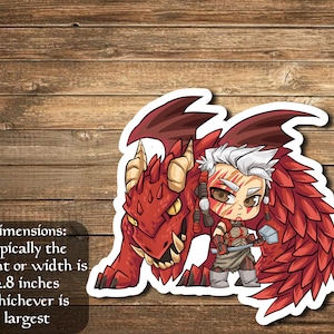 May include: A red dragon with a white and red warrior holding a hammer. The dragon has red scales and a white horn. The warrior has a red and white headdress and a red and white loincloth. The sticker is approximately 2.8 inches in size.