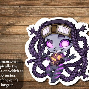 May include: A purple and black cartoon sticker of a female character with glowing pink eyes, wearing goggles and a black and white striped outfit. The character has long purple braids and is in a dynamic pose. The sticker is approximately 2.8 inches in size.
