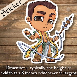 May include: A sticker depicting a cartoon character with brown hair and skin, dressed in a gold and green outfit, holding a staff. The sticker is approximately 7.1 cm in height or width. The word "Sticker" is printed at the top.