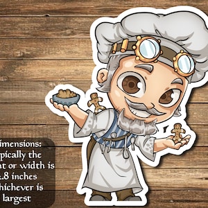 Puede incluir: Un panadero de jengibre de dibujos animados con un gorro de chef blanco y gafas de seguridad sostiene un tazón de migas de jengibre en una mano y una galleta de jengibre en la otra. El panadero tiene una barba blanca y una sonrisa amigable. El fondo es un patrón de veta de madera.