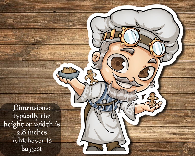 May include: A cartoon gingerbread man baker wearing a white chef's hat and goggles holds a bowl of gingerbread crumbs in one hand and a gingerbread man cookie in the other. The baker has a white beard and a friendly smile. The background is a woodgrain pattern.