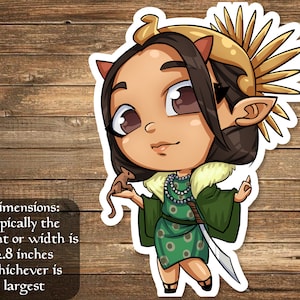 May include: A cartoon illustration of a woman with brown hair, wearing a green and gold outfit, holding a small brown animal. She has a golden crown and horns. The image is a sticker with a white border.