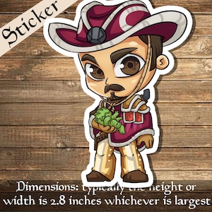 May include: A cartoon sticker of a man wearing a red and white hat, a burgundy jacket, and tan pants. He is holding a bunch of green plants in his hands. The sticker is approximately 2.8 inches wide.