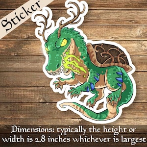 May include: A green and brown cartoon sticker of a creature with antlers, a shell on its back, and a toothy grin. It is spitting green slime. The sticker says "Sticker" in the top left corner.
