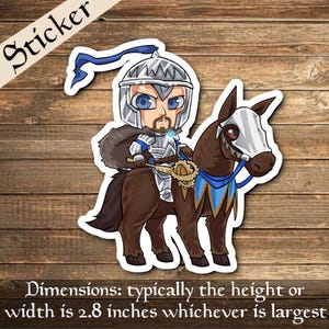 May include: A sticker featuring a cartoon knight riding a horse. The knight is wearing silver armour with blue accents and a blue cape. The horse is brown with a silver and blue saddle. The sticker is approximately 2.8 inches wide.