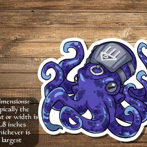May include: A purple octopus with a gray eye patch and a white eye. The octopus has eight tentacles and is wearing a gray and white bandana with a symbol on it. The octopus is on a wooden background.