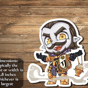May include: A cartoon illustration of a vampire with a mustache and a goatee wearing a gold and purple costume and holding a lantern. The image is on a wood background.