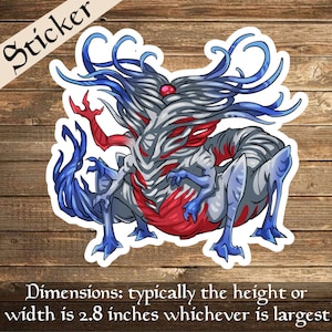 Puede incluir: Una pegatina con una criatura blanca, azul y roja con una gema roja en la cabeza. La criatura tiene una larga melena fluida y una cola enroscada. La pegatina mide aproximadamente 2,8 pulgadas.