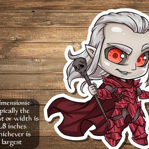 May include: A chibi-style illustration of a vampire character with long white hair, wearing red armor and holding a skull-topped staff. The character has red eyes and a mischievous expression. The image is set against a woodgrain background.