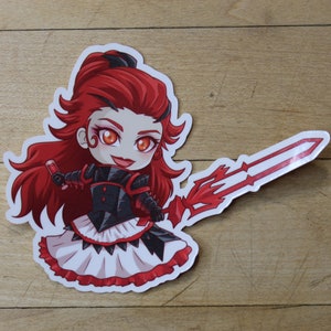 May include: A red-haired anime character with a black and red dress and a red sword. The character has orange eyes and a mischievous smile.