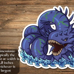 May include: A blue and green cartoon sea monster with sharp teeth and spikes, with a white outline, on a blue and white wave background. The monster is 2.8 inches tall or wide, whichever is largest.
