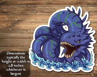 May include: A blue and green cartoon sea monster with sharp teeth and spikes, with a white outline, on a blue and white wave background. The monster is 2.8 inches tall or wide, whichever is largest.