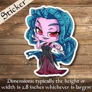 May include: A sticker featuring a cartoon illustration of a purple-skinned woman with blue hair and a red dress. She is holding a dagger in her right hand and has a mischievous expression on her face.