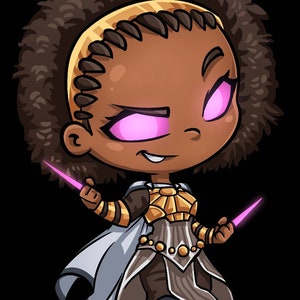 May include: A cartoon illustration of a woman with dark brown curly hair wearing a gold and white outfit and holding two glowing pink daggers.