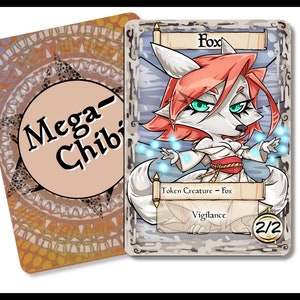 May include: A fantasy-style trading card featuring a cartoon fox with red hair and green eyes. The card is titled "Fox" and has the text "Token Creature - Fox" and "Vigilance" on it. The card has a 2/2 power and toughness.