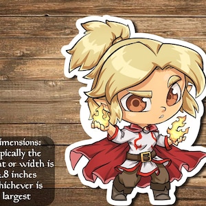 Könnte beinhalten: Ein Cartoon-Aufkleber mit einer Figur mit blonden Haaren, die einen roten Umhang trägt und in jeder Hand Flammen hält. Die Figur hat einen ernsten Gesichtsausdruck und trägt ein weißes Hemd mit einem roten Gürtel. Der Aufkleber ist etwa 7,1 cm groß.