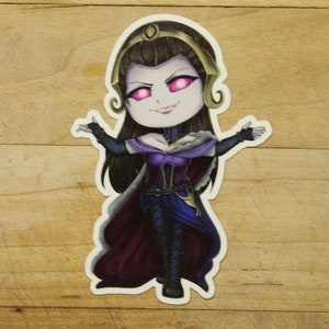 May include: A sticker featuring a cartoon illustration of a woman with long dark hair, wearing a purple and gold dress and a crown. She has a mischievous smile and glowing pink eyes.