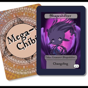 May include: A purple and blue shapeshifter creature card with the text "Shapeshifter" and "Changeling" on a dark blue background.