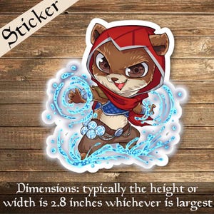 May include: A sticker featuring a cartoon illustration of a brown and red furry creature with a red hood, wearing a blue and brown outfit, casting blue magic. The creature has a mischievous expression and is surrounded by swirling blue magic.