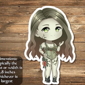 May include: A sticker of a green-skinned woman with long brown hair, wearing a green and brown leafy outfit with red flowers. She is smiling and has green eyes. The sticker is approximately 2.8 inches in size.