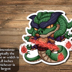 May include: A green and purple cartoon dragon with a red sword and flames. The dragon is wearing a purple and gold outfit. The sticker is approximately 2.8 inches in size.