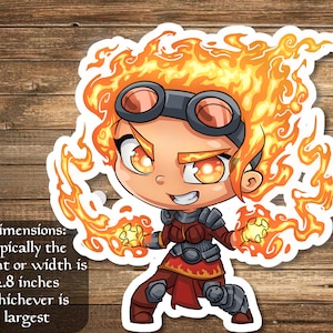 Puede incluir: Una pegatina de dibujos animados de un personaje femenino de fuego con cabello naranja, que lleva gafas protectoras y un atuendo rojo y negro. La pegatina mide aproximadamente 2,8 pulgadas.