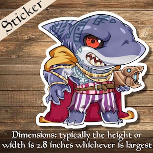 May include: A cartoon sticker of a blue shark wearing a red and yellow pirate costume. The shark has a red eye and is holding a gold and brown seashell. The sticker is approximately 2.8 inches wide.