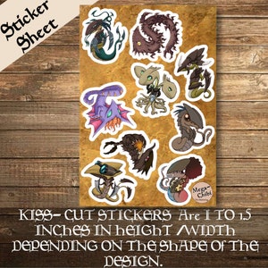 May include: A sticker sheet featuring 10 different colorful, cartoon-style sea monster designs. The stickers are kiss-cut and measure 1 to 1.5 inches in height and width. The sheet has the text "Sticker Sheet" and "Mega-Chibi" on it.