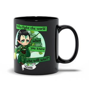 Chibi Nissa Mtg Inspired Black Mugs, Perfect Gift For Fans Of Magic The Gathering And Unique Design That Anyone Will Surly Love!