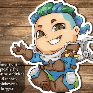 May include: A sticker featuring a cartoon character with blue and green hair, wearing a blue and brown outfit, and holding a silver tool. The sticker's dimensions are typically 2.8 inches in height or width, whichever is largest.