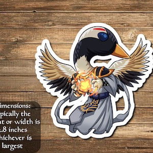 May include: A cartoon illustration of a crane with wings outstretched, wearing a robe and holding a glowing orb. The crane has a red and white head and a black beak. The orb is surrounded by a ring of light.
