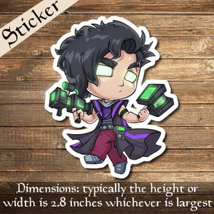 May include: A sticker featuring a cartoon character with black hair, green eyes, and a purple and black outfit. The character is holding a green and black weapon in one hand and a green and black device in the other. The sticker is approximately 2.8 inches wide.