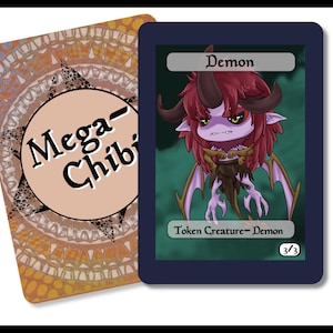 May include: A purple and red demon creature with horns and wings. The creature is a token creature with a power of 3 and a toughness of 3. The card is titled "Demon".